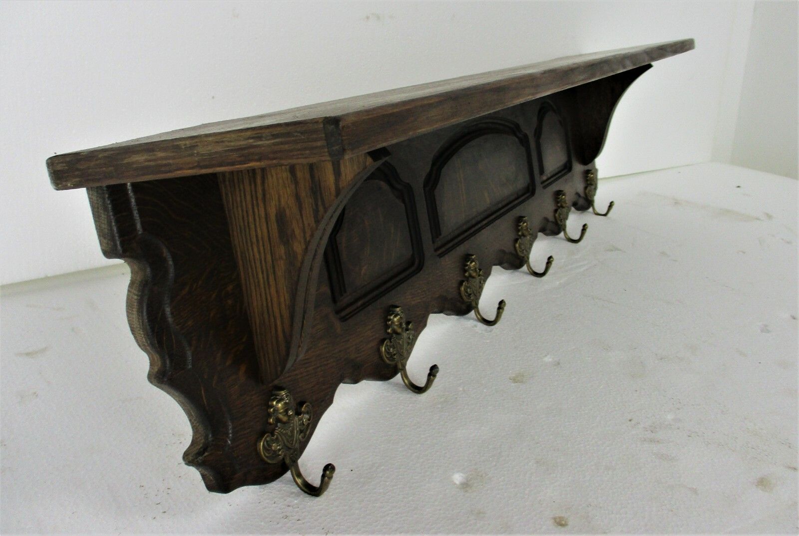 Xl Hand Carved Wood Oak Coat Hat Kitchen Hallway Rack Antique Gorgeous photo vinterior