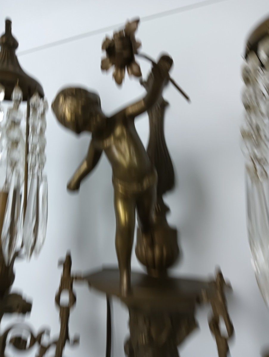 Beautiful Antique Wall Sconces Pair Lights Lamps French Cherub Angels Prisms Bra photo for sale