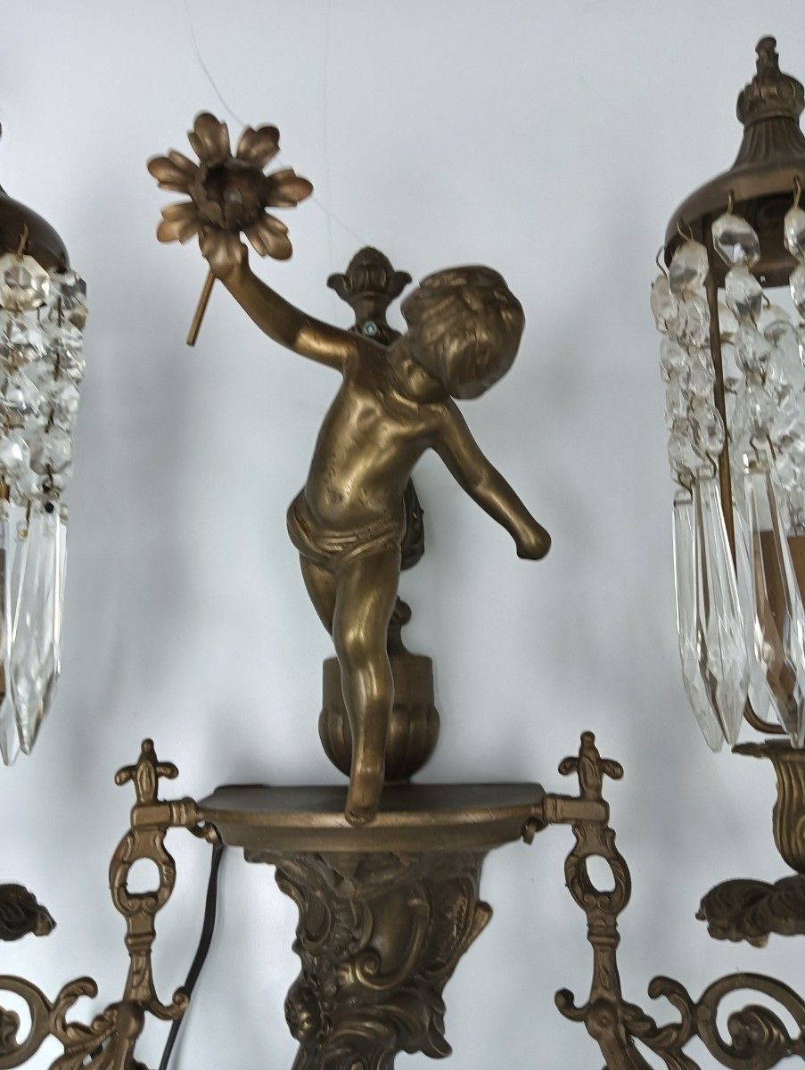 Beautiful Antique Wall Sconces Pair Lights Lamps French Cherub Angels Prisms Bra photo 648.0