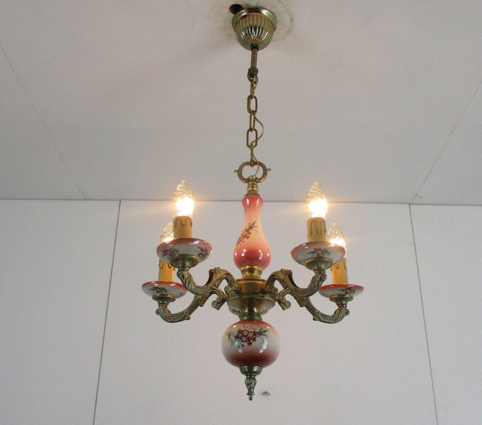 Chandelier 5 Arms Lights Ceramic Porcelain  Pink Flowers  Mid Century Italy photo for sale