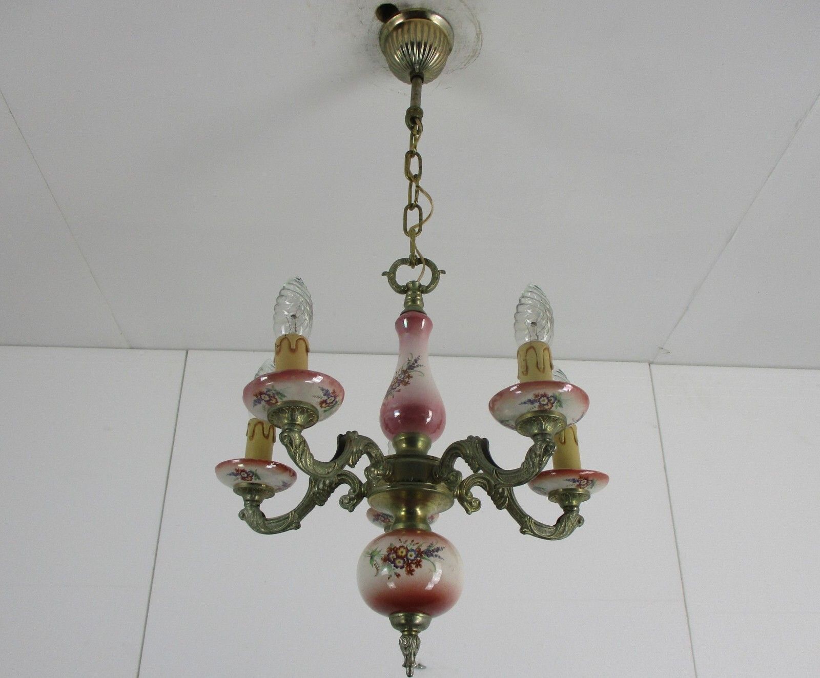 Chandelier 5 Arms Lights Ceramic Porcelain  Pink Flowers  Mid Century Italy photo 260.0