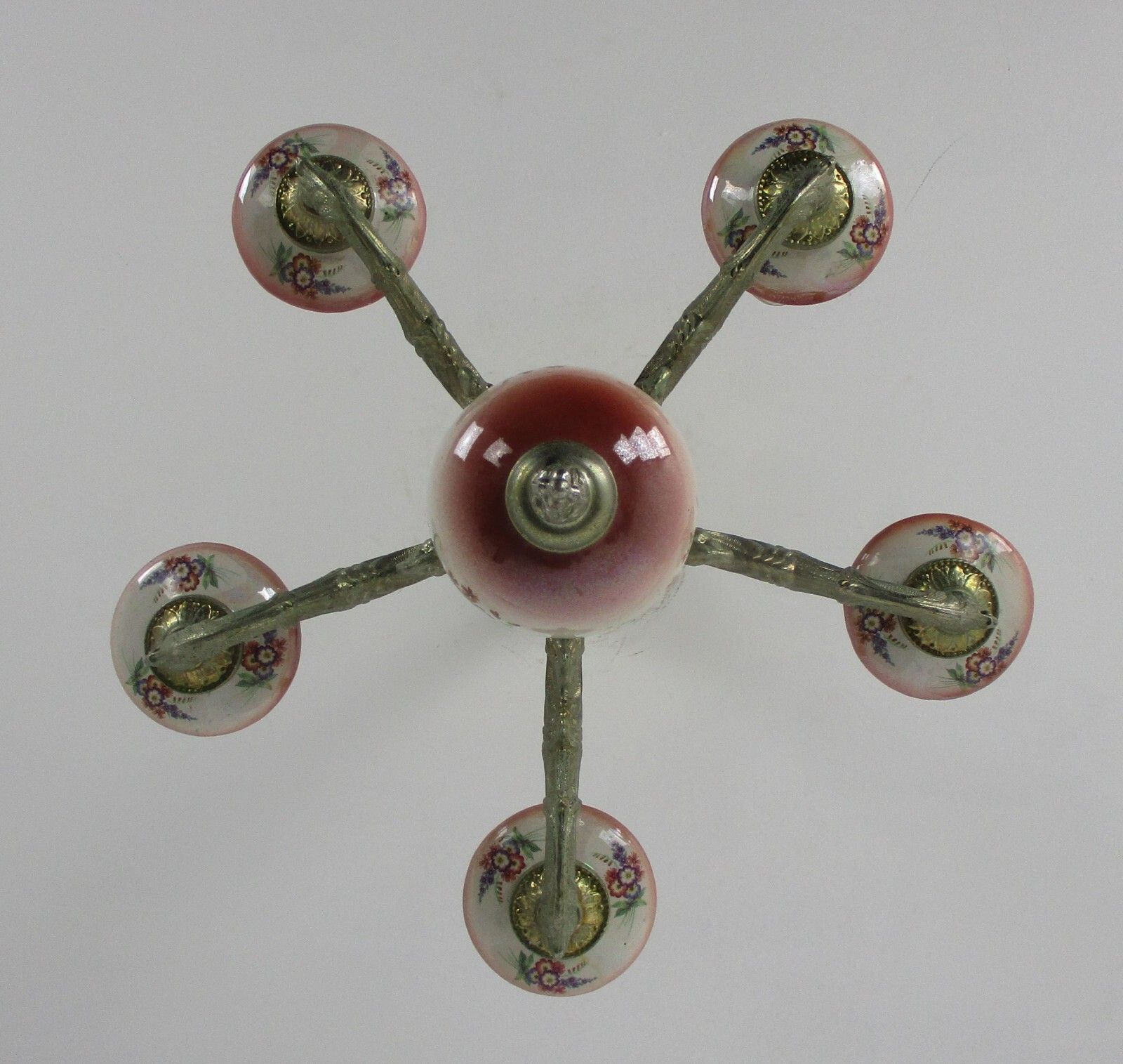 Chandelier 5 Arms Lights Ceramic Porcelain  Pink Flowers  Mid Century Italy photo buy