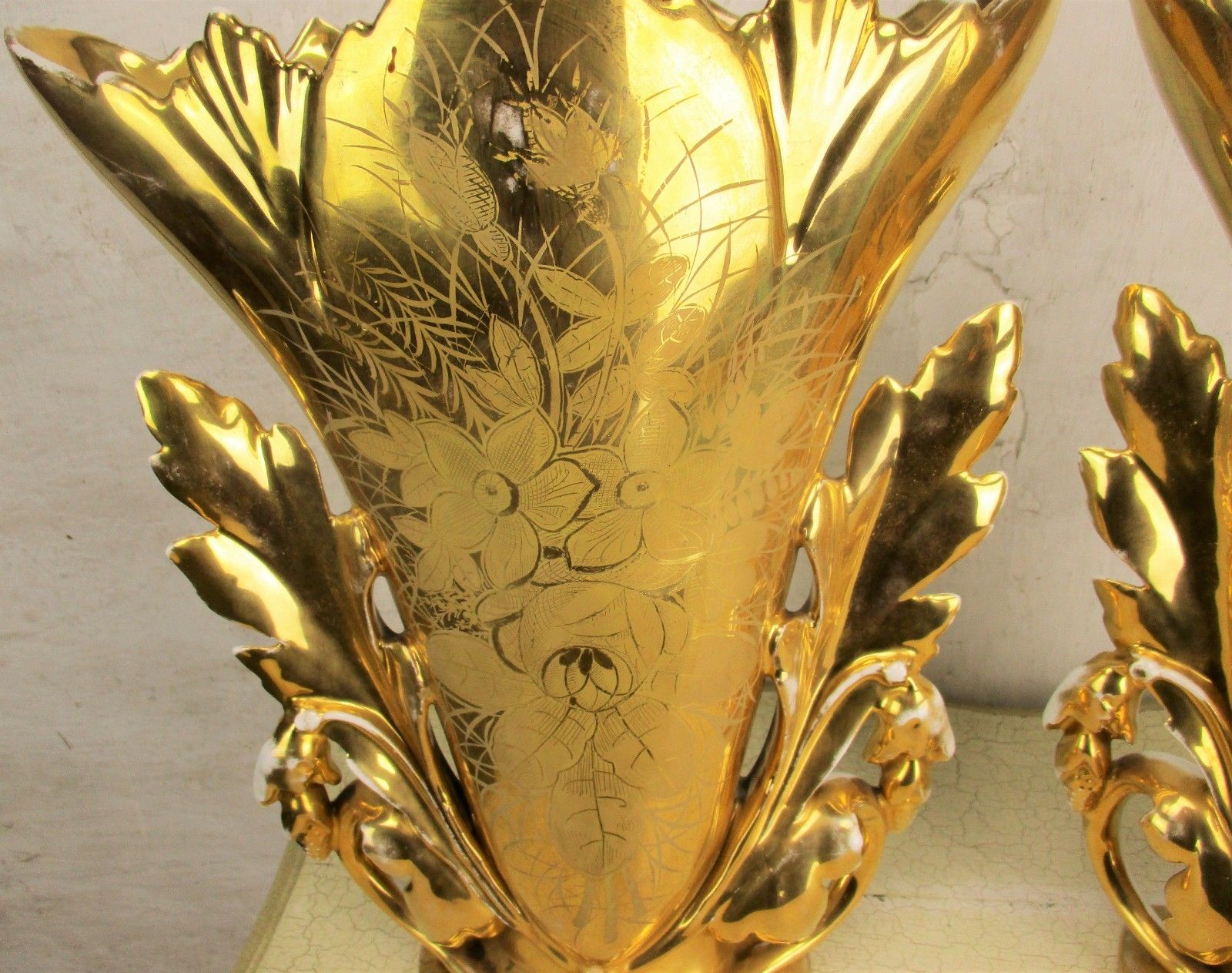 Xl Couple Antique Vieux Paris Porcelain Fan Flair Vases Church Chapel Gold Gilt photo 409.0