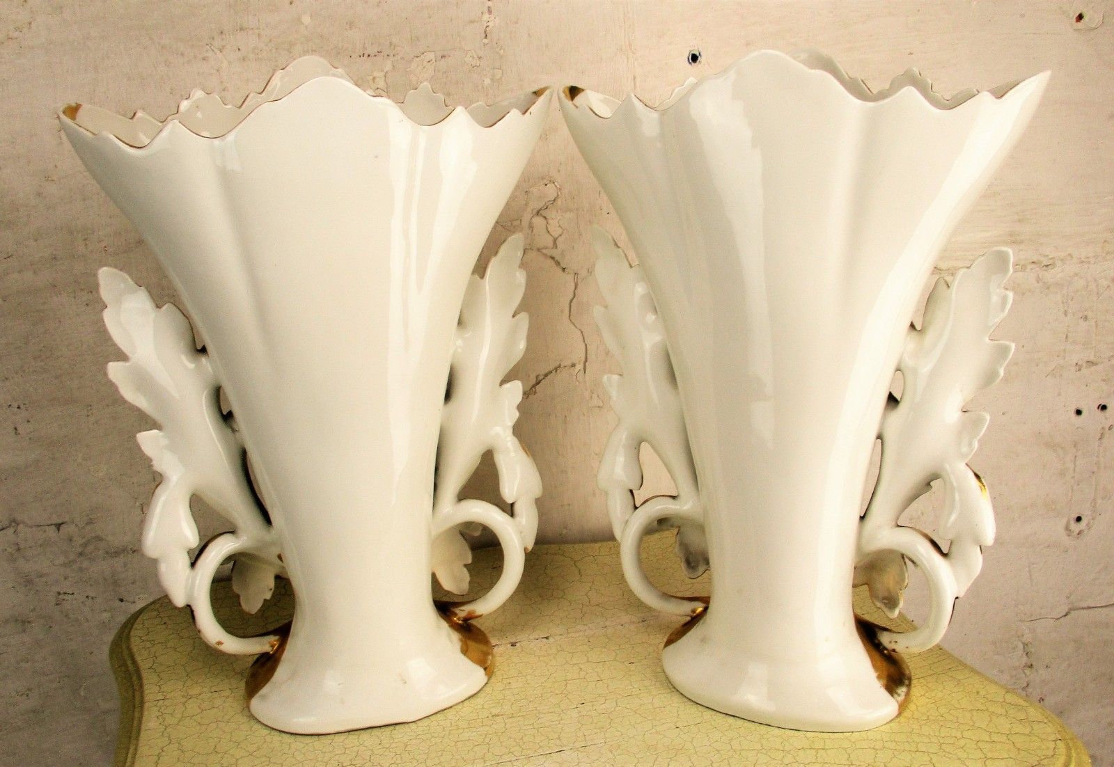 Xl Couple Antique Vieux Paris Porcelain Fan Flair Vases Church Chapel Gold Gilt photo buy