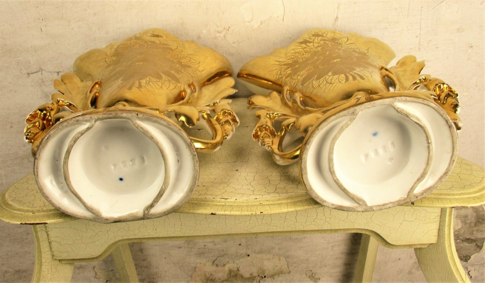 photo for sale Xl Couple Antique Vieux Paris Porcelain Fan Flair Vases Church Chapel Gold Gilt