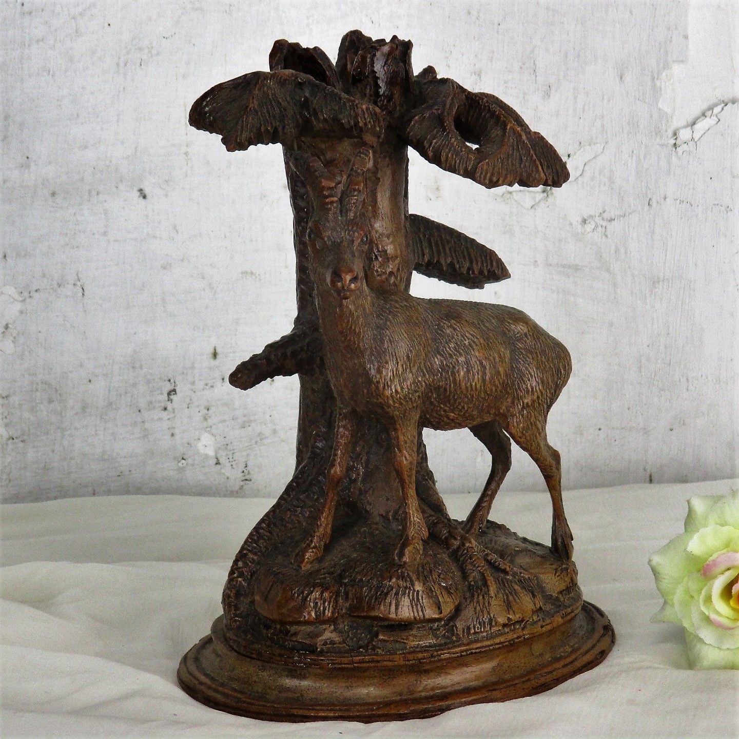 Black Forest Sculpture Figurine Hand Carved Deer Roe Buck Stag Glass Eyes