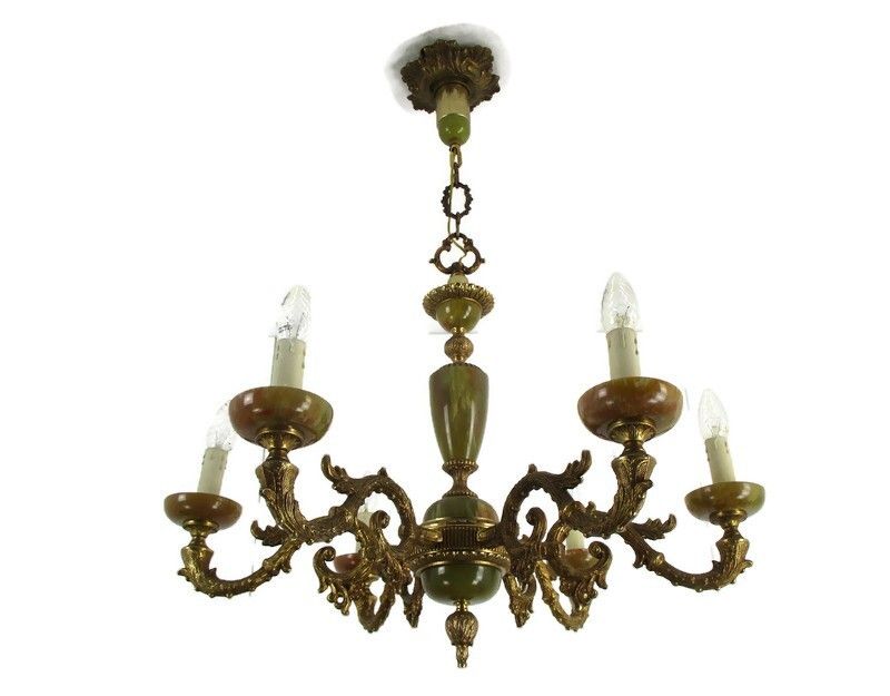 Chandelier 6 Arms Lights Hollywood Regency Brass Faux Marble Spider Chandelier