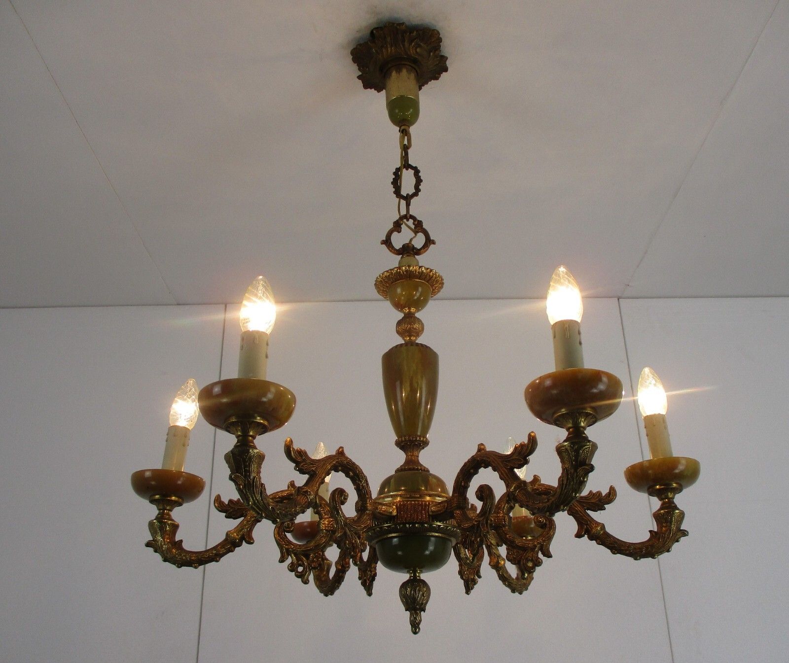 Chandelier 6 Arms Lights Hollywood Regency Brass Faux Marble Spider Chandelier photo for sale
