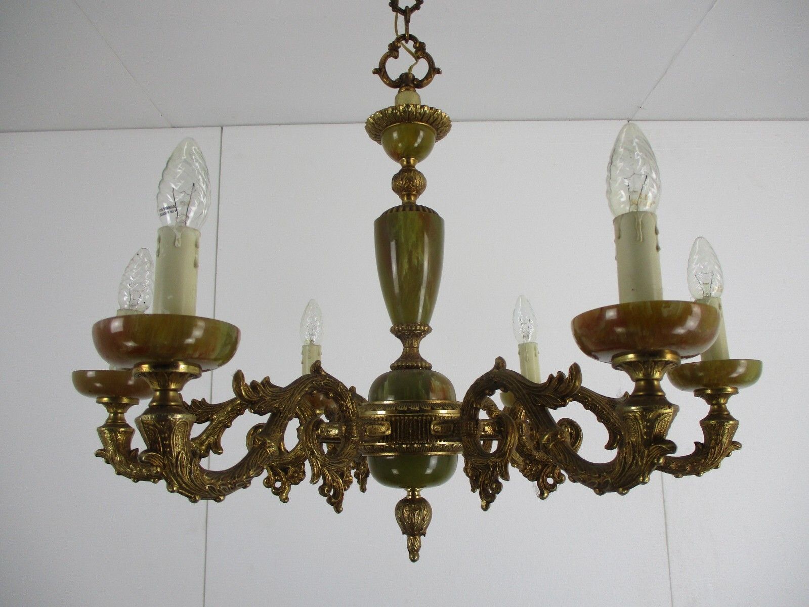 photo for sale Chandelier 6 Arms Lights Hollywood Regency Brass Faux Marble Spider Chandelier