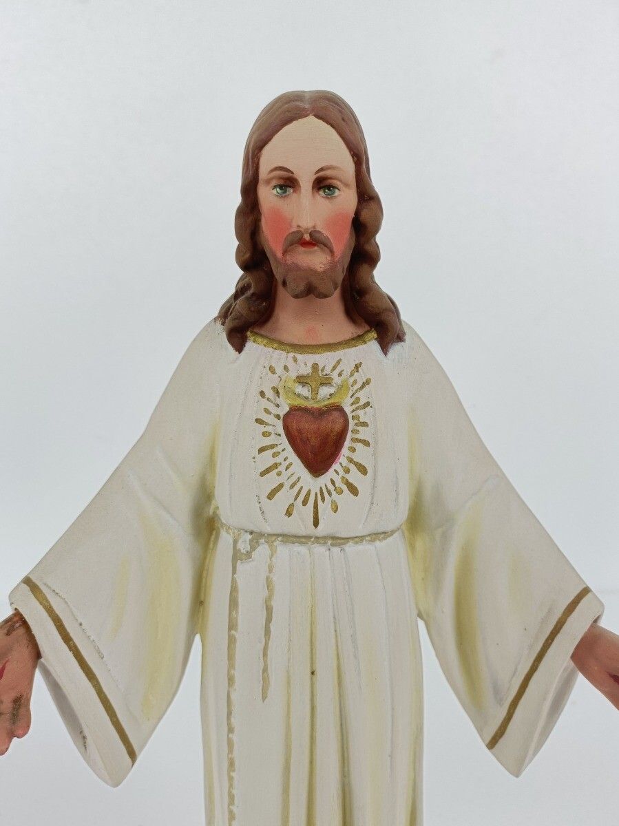 Large Statue Jesus Christ Sacred Heart Open Arms Polychrome French Venez Chez Mo photo Art