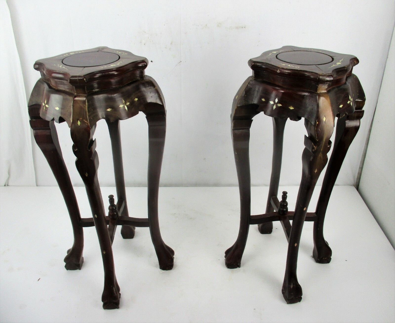 Pair Tall Carved Hard Wood Plant Bonsai Tables Pedestal  Inlay Mother Of Pearl photo for sale