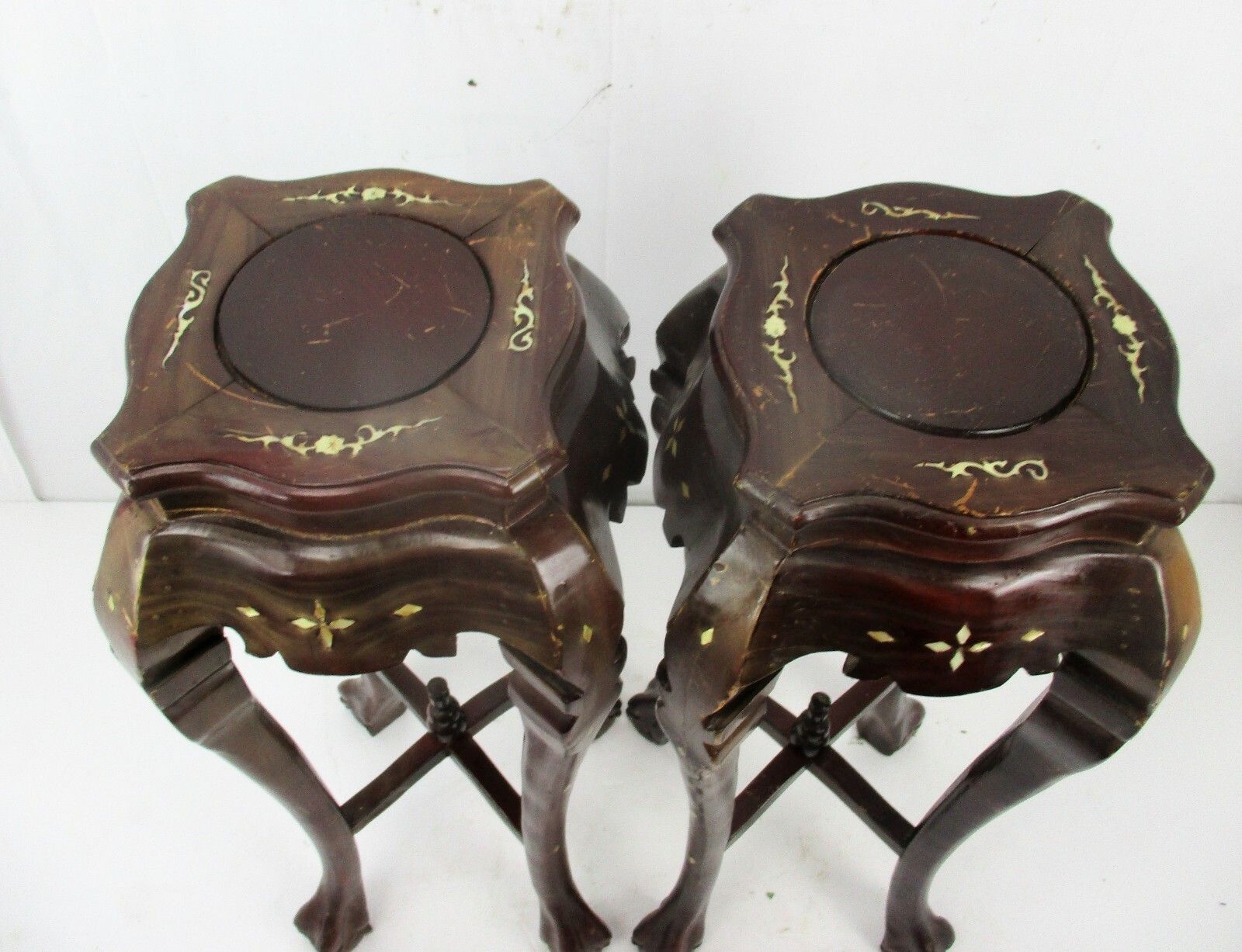 Pair Tall Carved Hard Wood Plant Bonsai Tables Pedestal  Inlay Mother Of Pearl photo 520.0