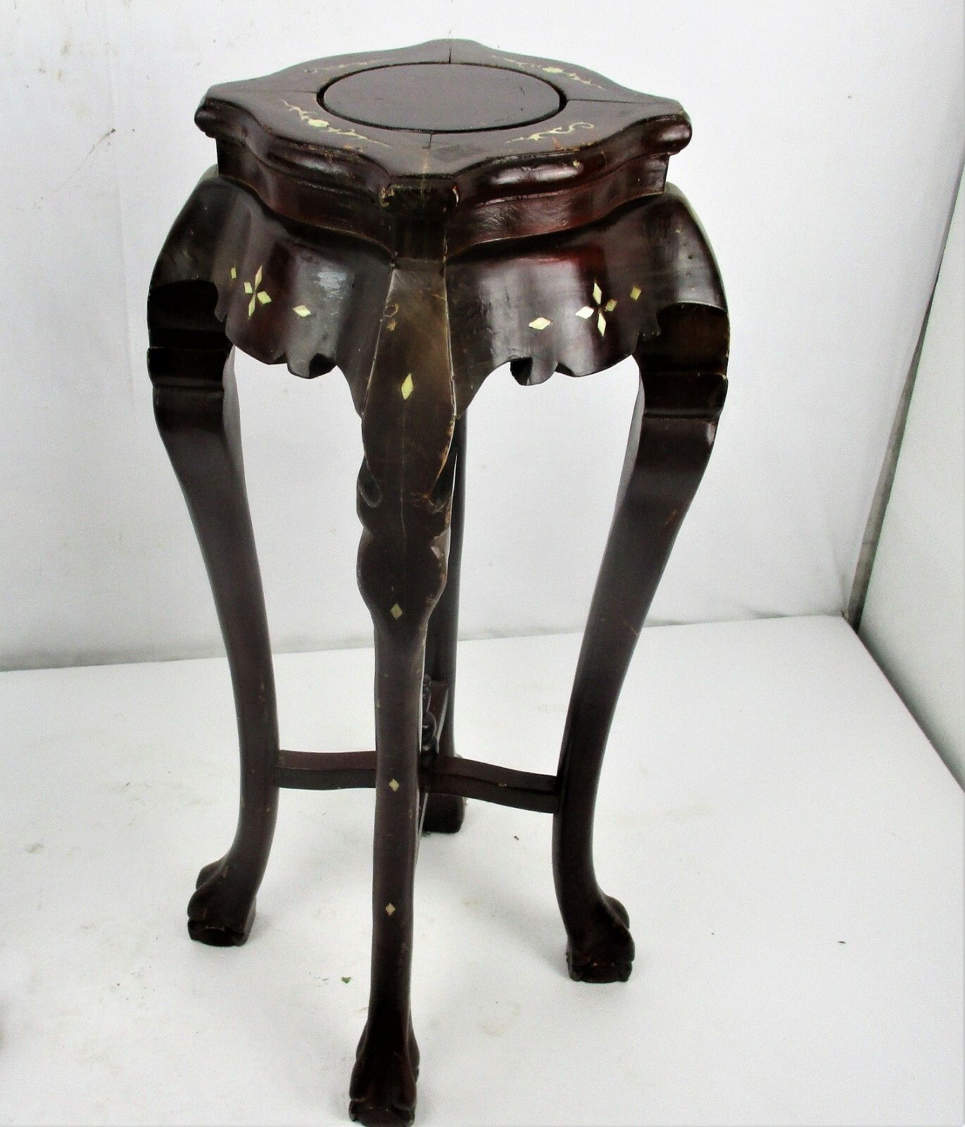 Pair Tall Carved Hard Wood Plant Bonsai Tables Pedestal  Inlay Mother Of Pearl photo vinterior
