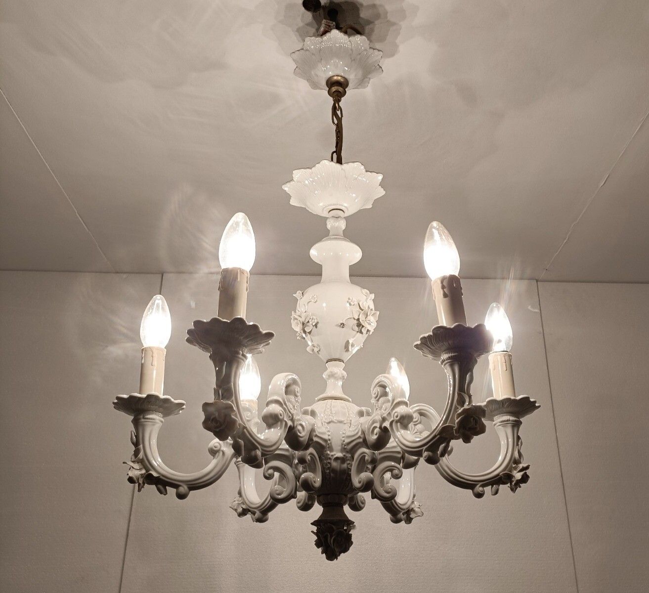 Capodimonte Porcelain Chandelier 6 Arm Lights, White, Marked, Very Special, Vint photo furniture