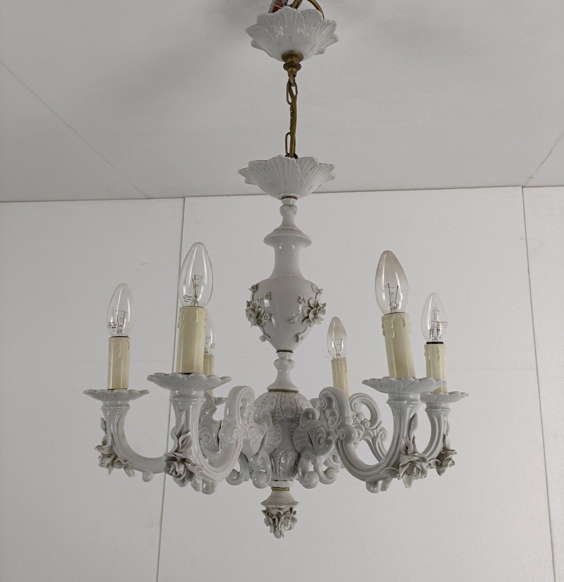Capodimonte Porcelain Chandelier 6 Arm Lights, White, Marked, Very Special, Vint photo 688.0