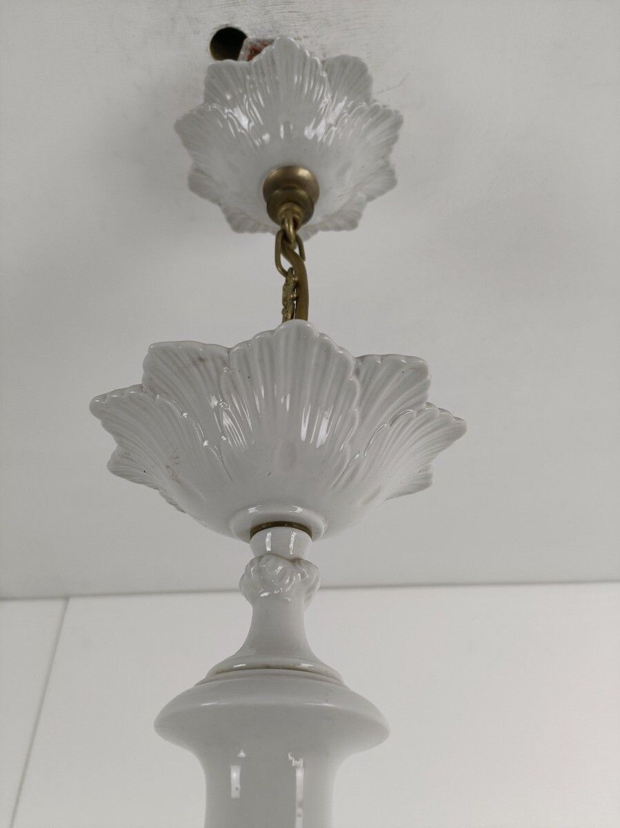 Lighting Capodimonte Porcelain Chandelier 6 Arm Lights, White, Marked, Very Special, Vint photo