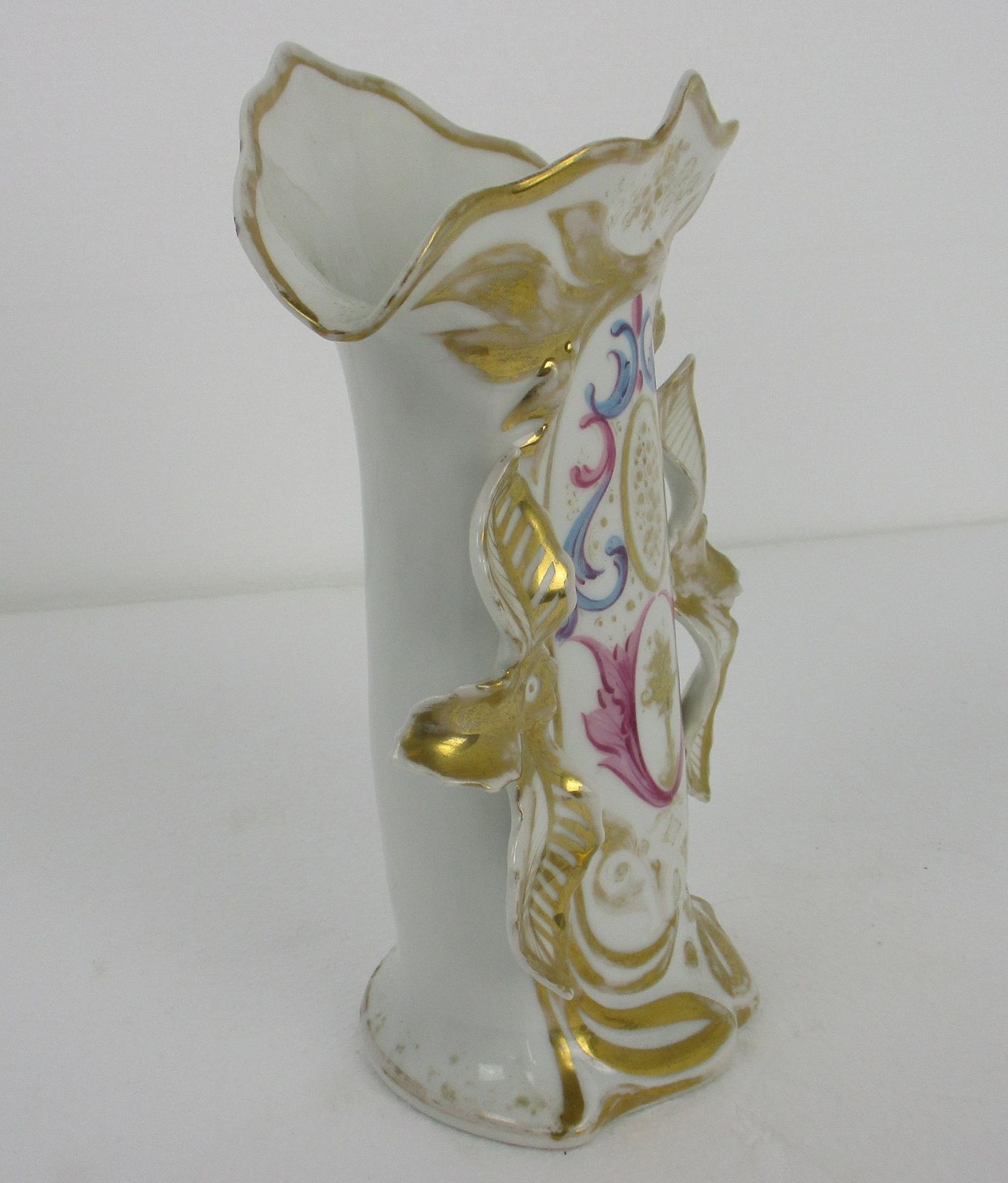 Xl Antique French Vieux Paris Porcelain Fan Flair Bridal Vase Gold Gilded photo for sale