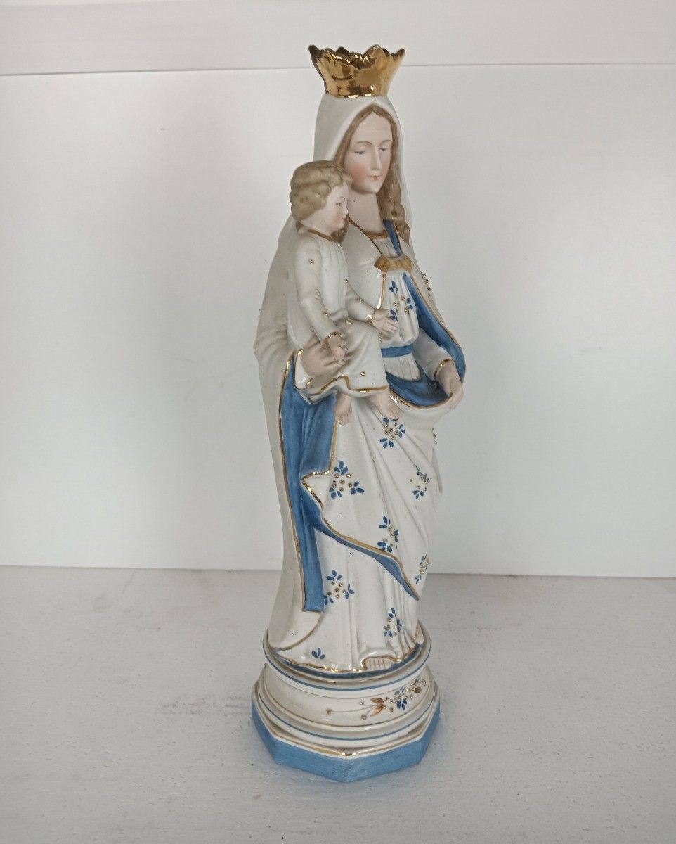 Antique Porcelain Bisque Statue Virgin Mary Our Lady Madonna With Infant photo furniture