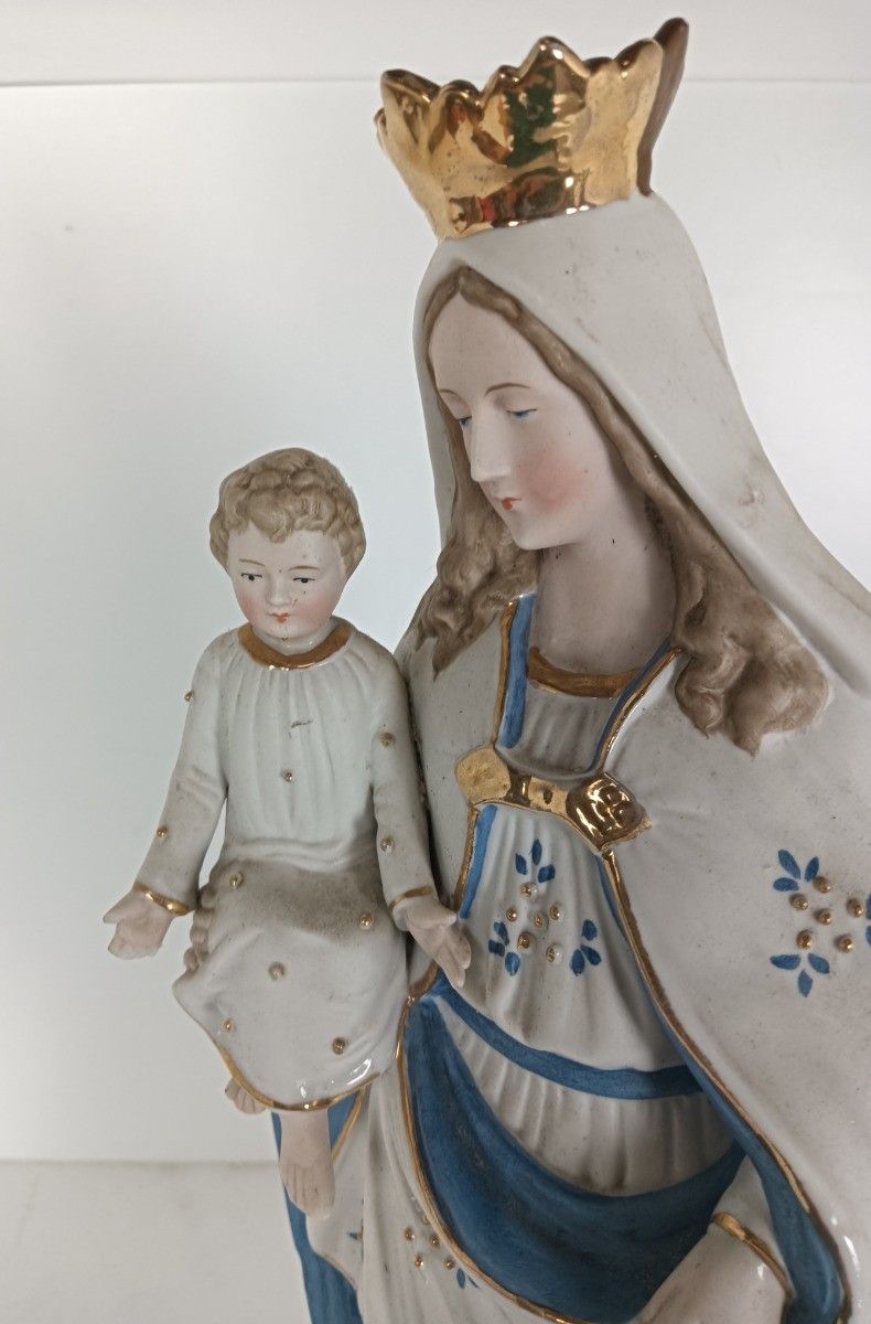 Antique Porcelain Bisque Statue Virgin Mary Our Lady Madonna With Infant photo for sale