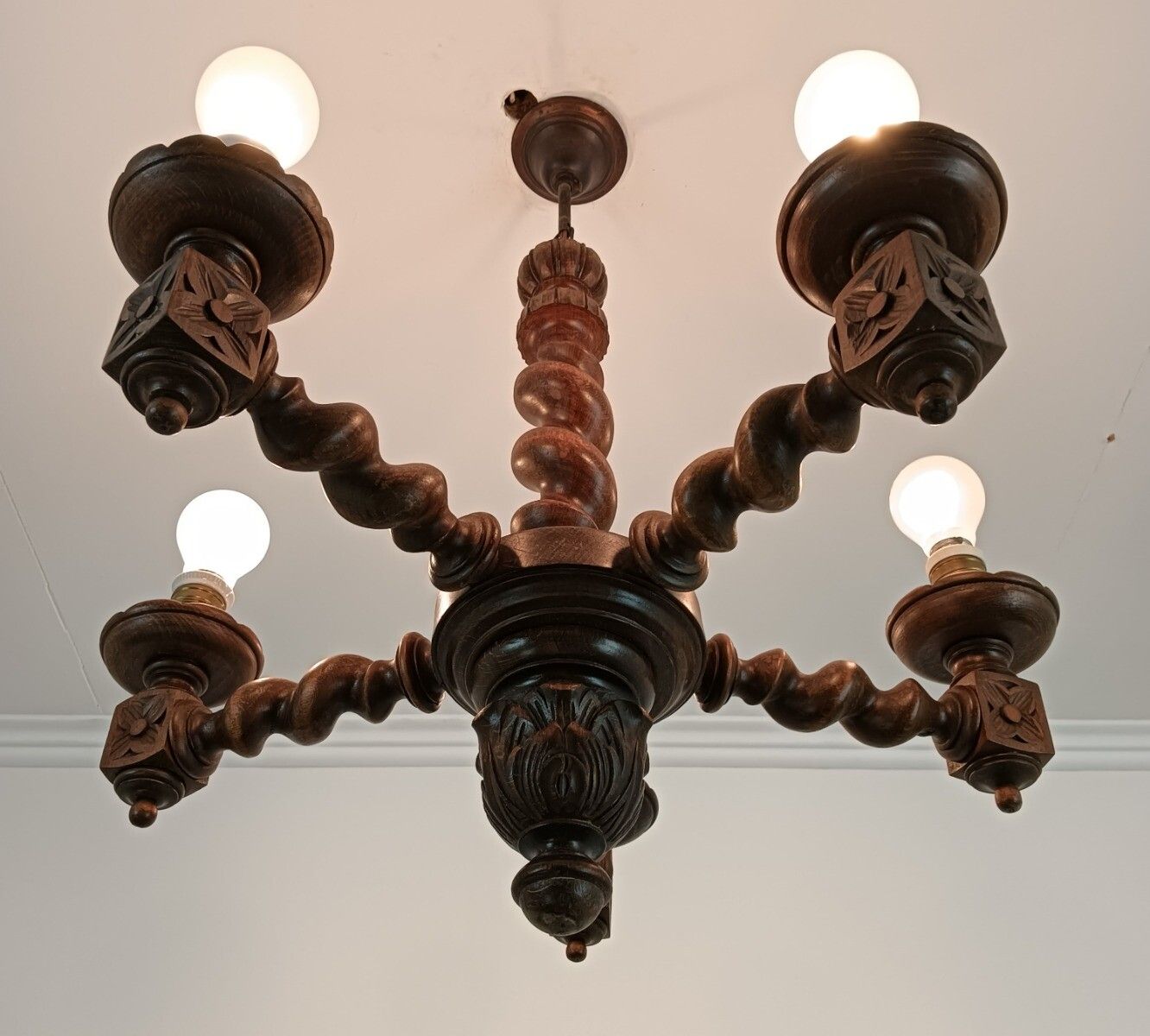 photo furniture Barley Twist Wooden Wood Chandelier Ornate 5 Lights Small Vintage Barn Style