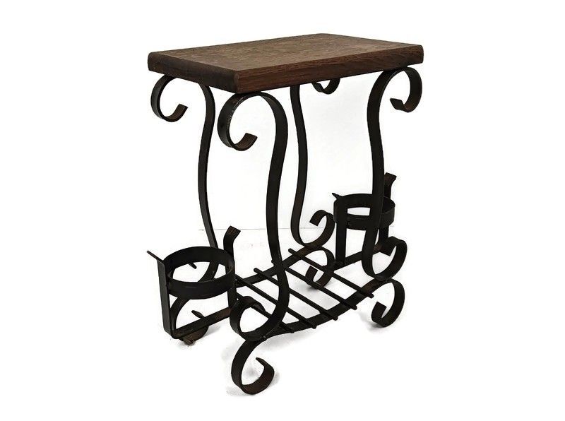 Vintage Wrought Cast Iron Wine Rack Bottle Holder Side Table Wooden Top Farmhous