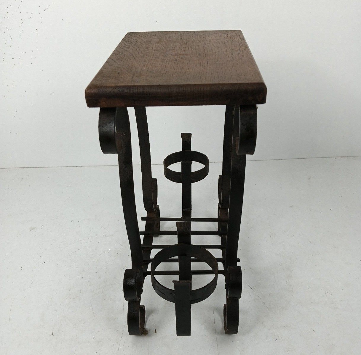 Vintage Wrought Cast Iron Wine Rack Bottle Holder Side Table Wooden Top Farmhous photo furniture