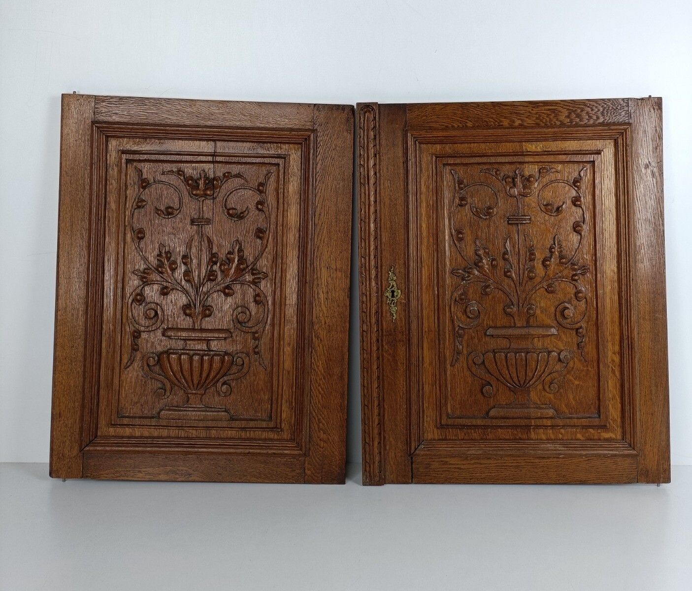 Pair Antique Hand Carved Wood Door Panels Reclaimed Architectural Salvaged Flowe photo furniture
