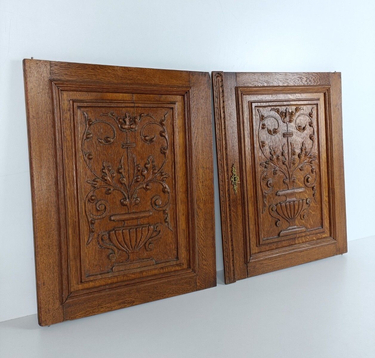 Pair Antique Hand Carved Wood Door Panels Reclaimed Architectural Salvaged Flowe photo for sale