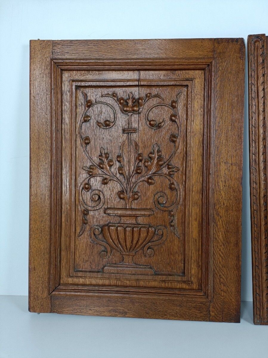 Pair Antique Hand Carved Wood Door Panels Reclaimed Architectural Salvaged Flowe photo vinterior