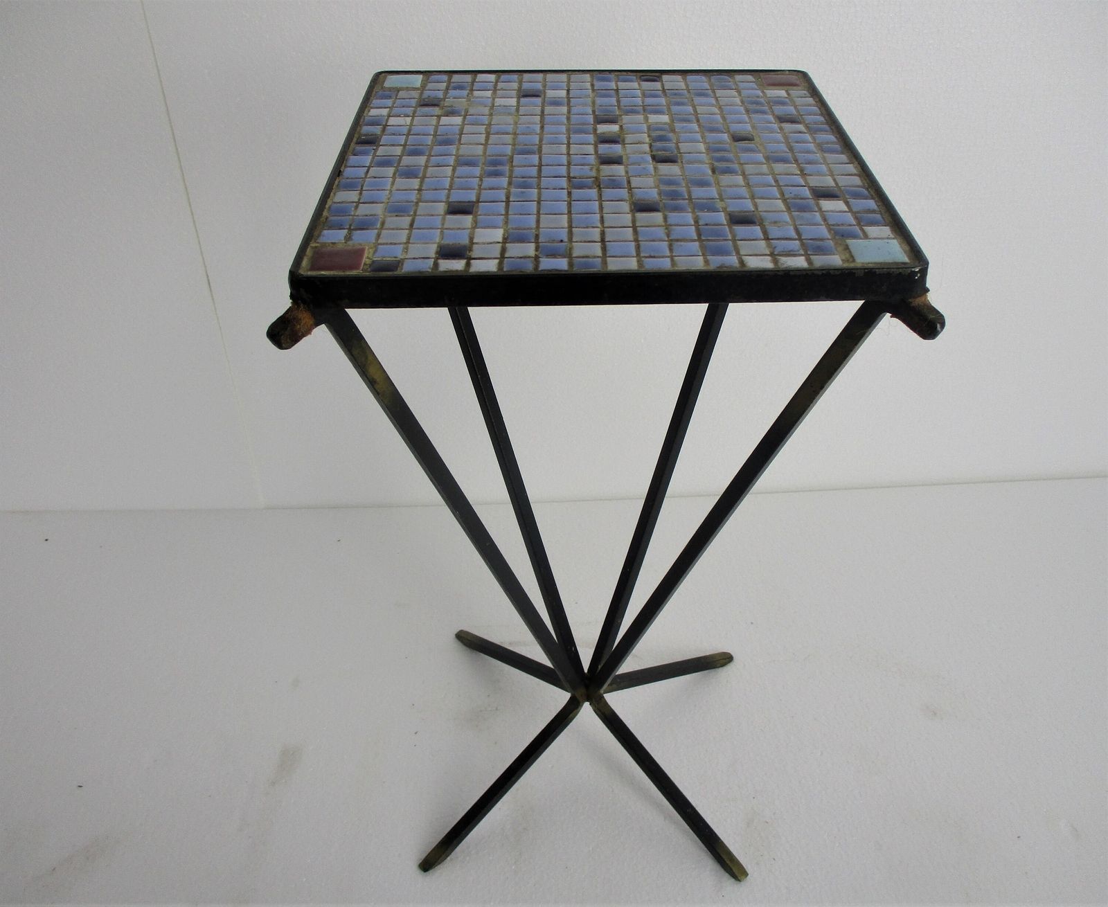 Vintage Small Side Table Plant Stand Mosaic Tiles Checkered Pattern Wrought Iron photo furniture