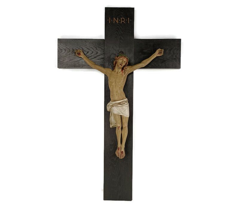 Large Oak Crucifix Gorgous Sculpted Plaster Corpus Piece Of Art Sculpture Wall H