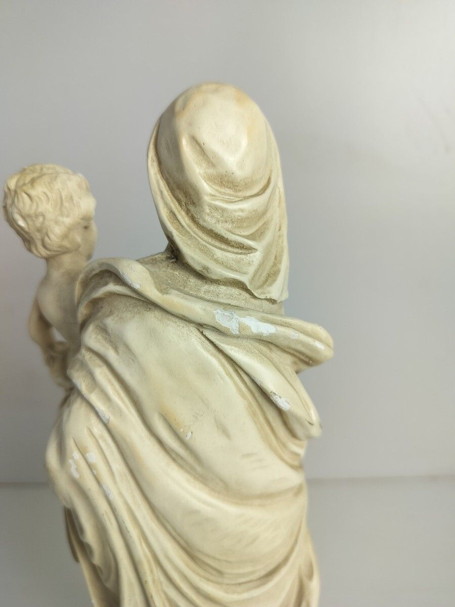 Plaster Statue Madonna With Infant Jesus Virgin Mary On Granite Base Signed A.S. photo vinterior