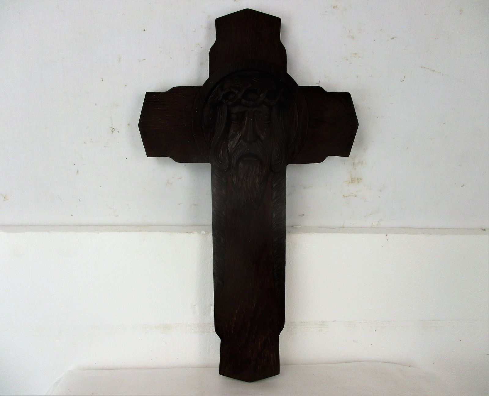 Large Hand Carved Wood Art Jesus Christ Head Of Thorns Sculpture Crucifix Oak Go photo furniture