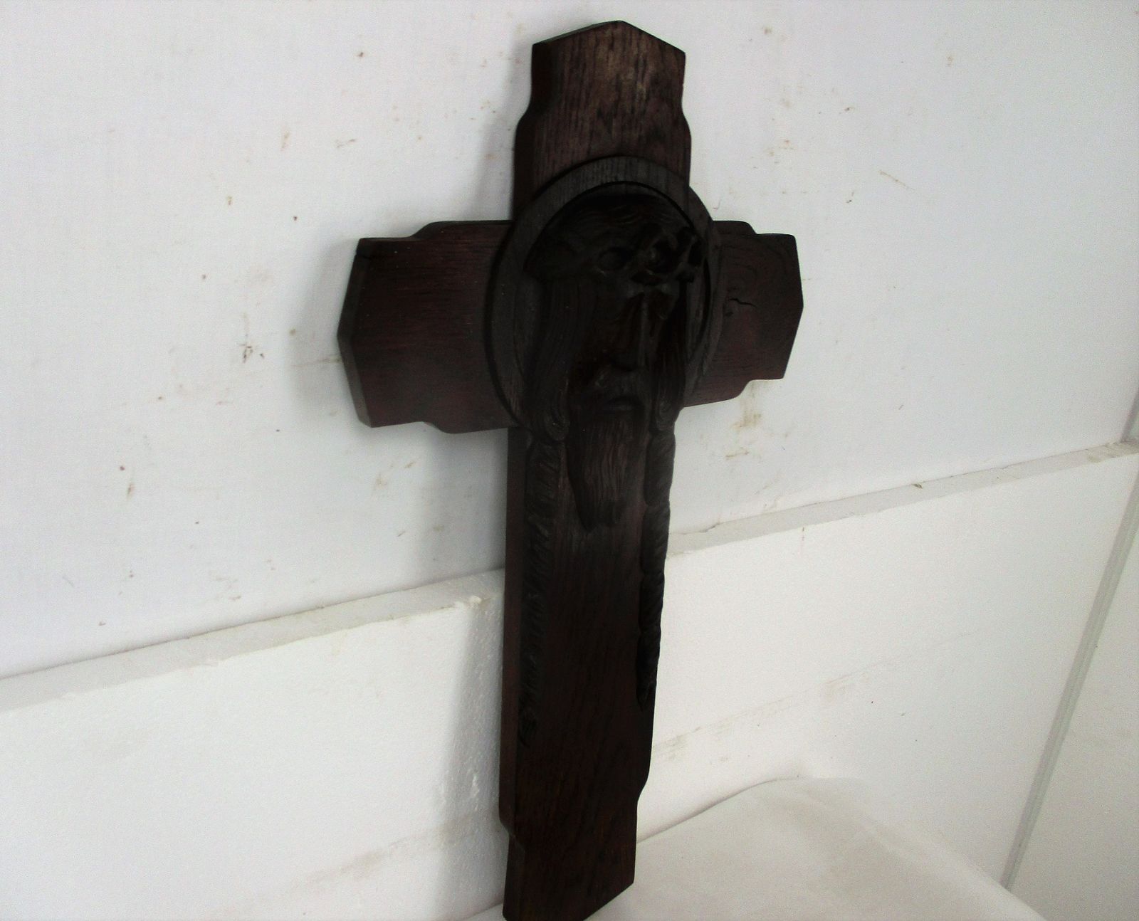 Large Hand Carved Wood Art Jesus Christ Head Of Thorns Sculpture Crucifix Oak Go photo for sale