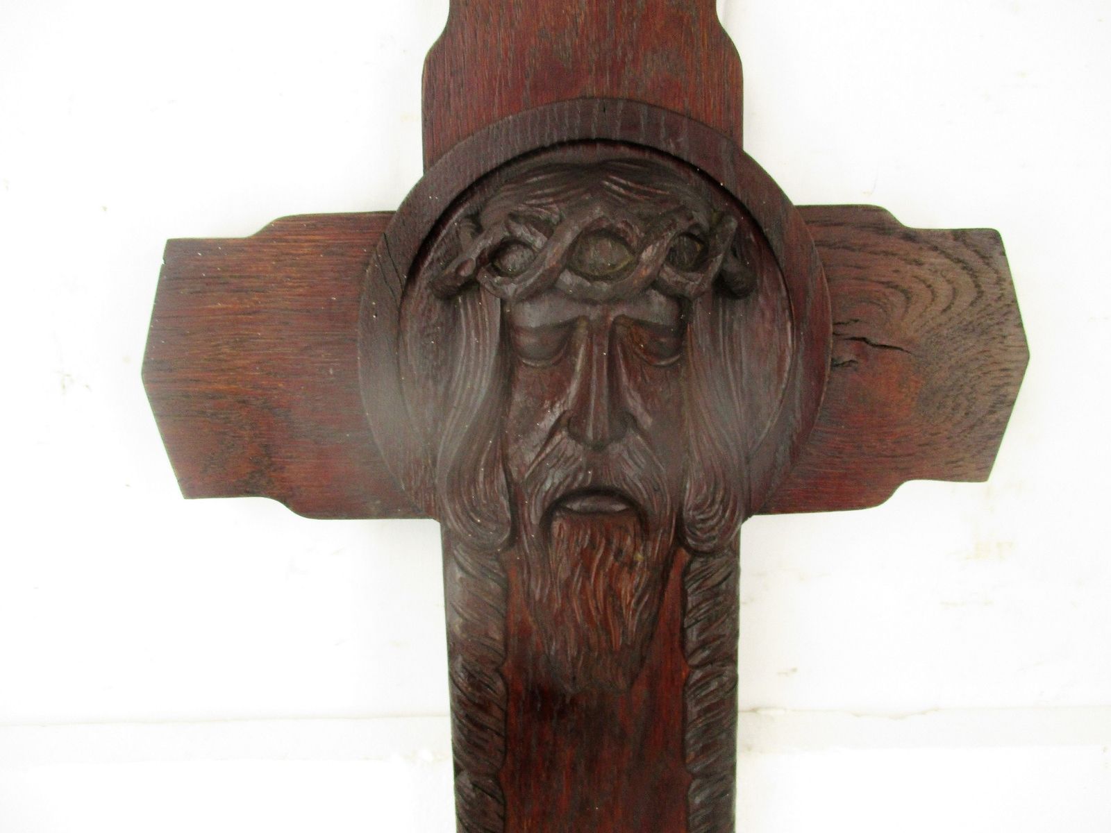 Large Hand Carved Wood Art Jesus Christ Head Of Thorns Sculpture Crucifix Oak Go photo Art