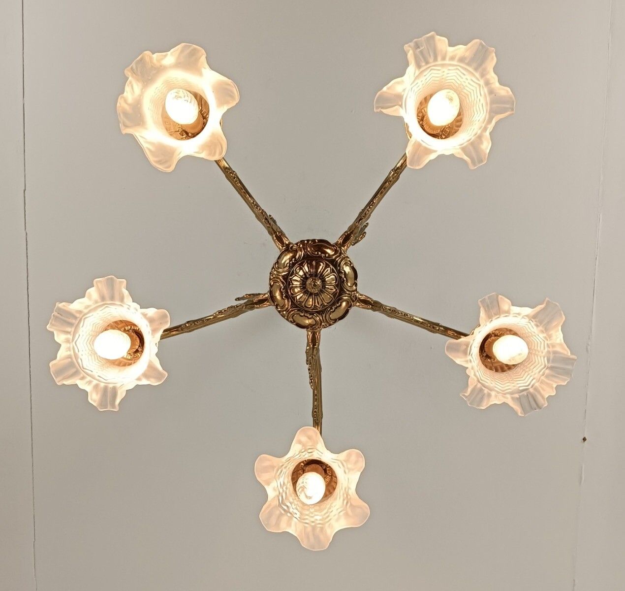 Vintage Brass Chandelier Fixture Glass Shades 5 Lights Arm Romantic photo vintage