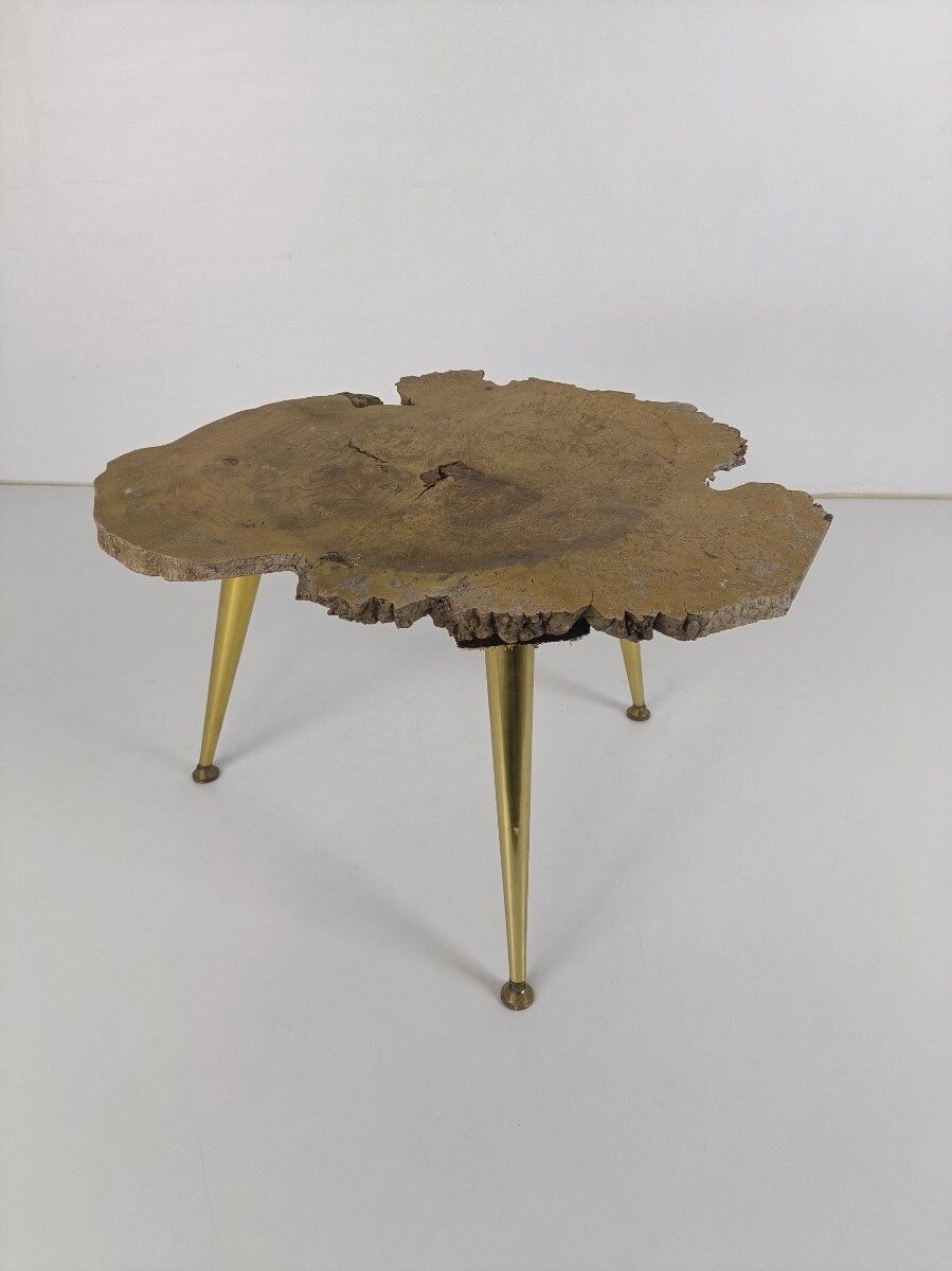 Small Wooden Wood Brutalist Table Brass Legs Wooden Top Steampunk Modernist photo furniture