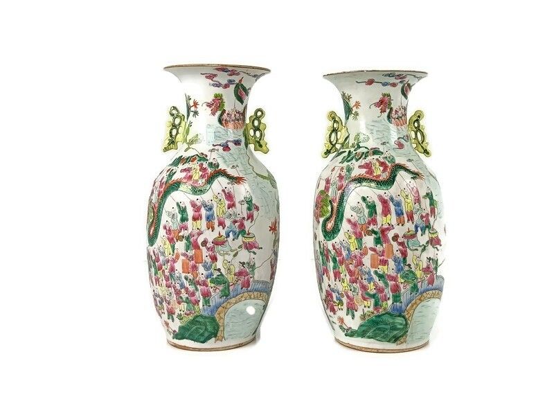 Hand Painted Family Rose Chinese Vase 100 Lucky Boys Vintage Antique 1930s Pair