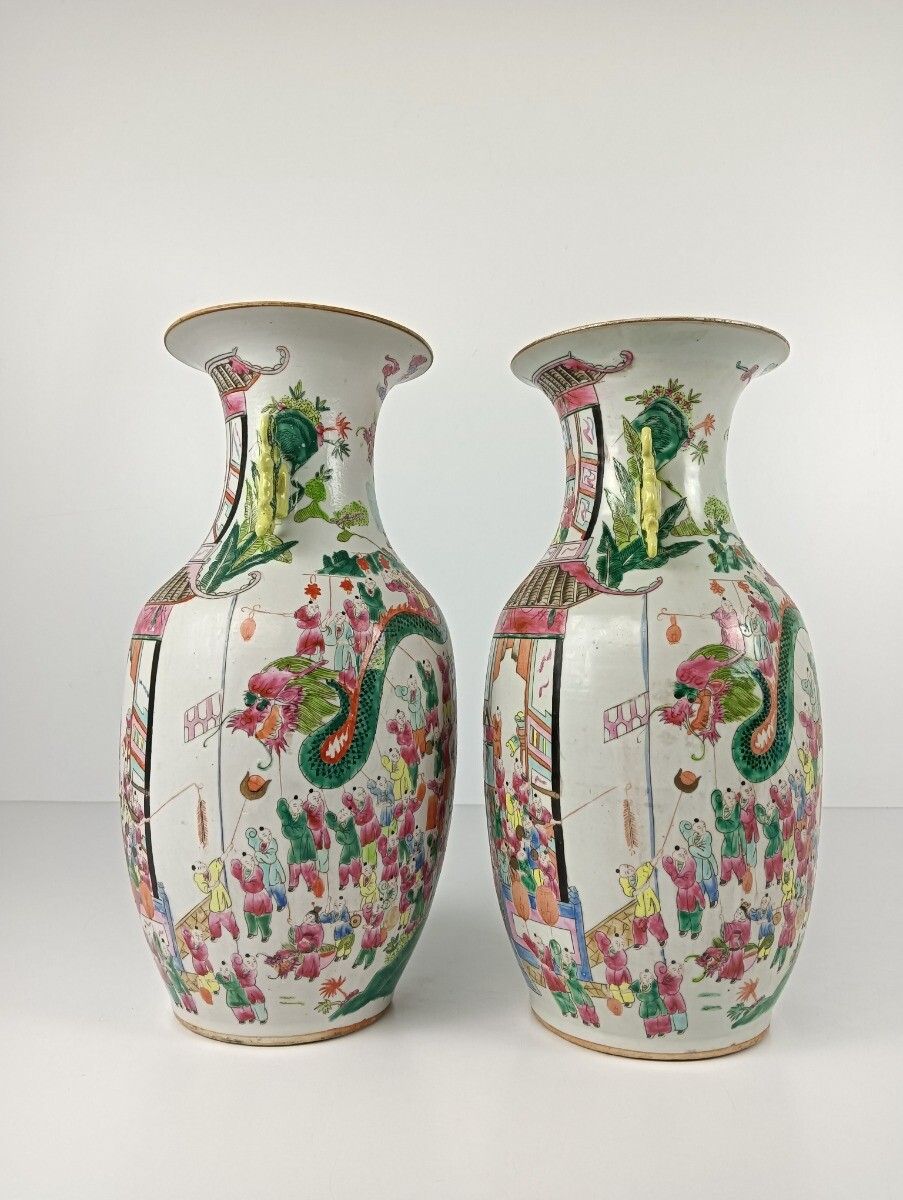 Hand Painted Family Rose Chinese Vase 100 Lucky Boys Vintage Antique 1930s Pair photo Home Decor