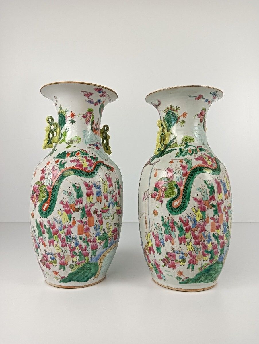 Hand Painted Family Rose Chinese Vase 100 Lucky Boys Vintage Antique 1930s Pair photo buy