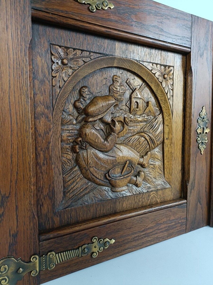 Pair Antique Carved Wood Door Panels Brass Trims Breughel Style Architectural Sa photo buy