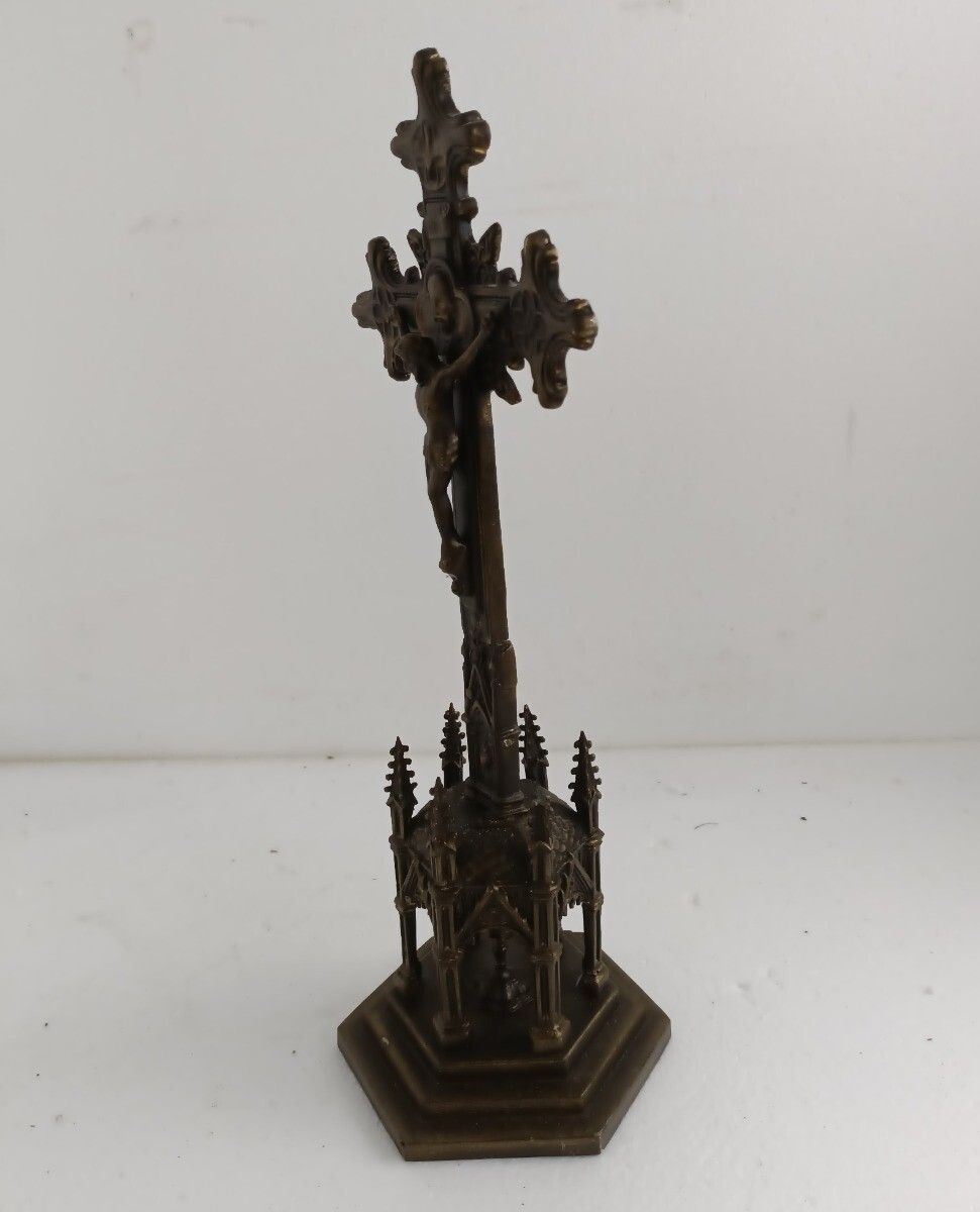 Ornate Spelter Faux Brass Chalice Standing Crucifix Towers Cross Chalice Very Sp photo buy
