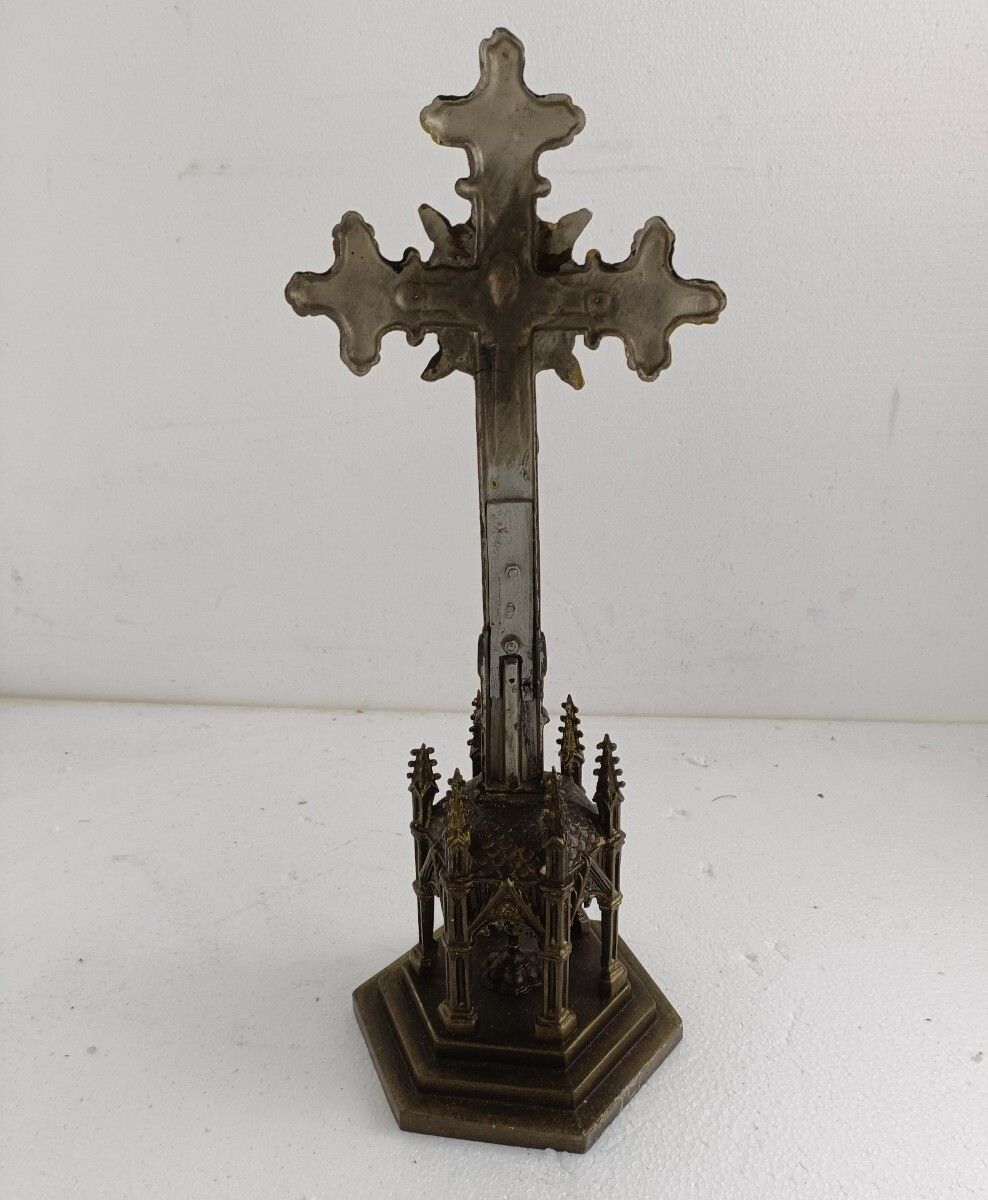 photo for sale Ornate Spelter Faux Brass Chalice Standing Crucifix Towers Cross Chalice Very Sp