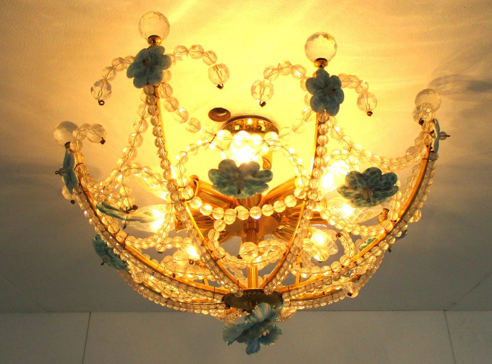 Italian Plafonière Fixture Lamp Crystal Prisms Murano Art Glass Flowers 8 Lights photo furniture