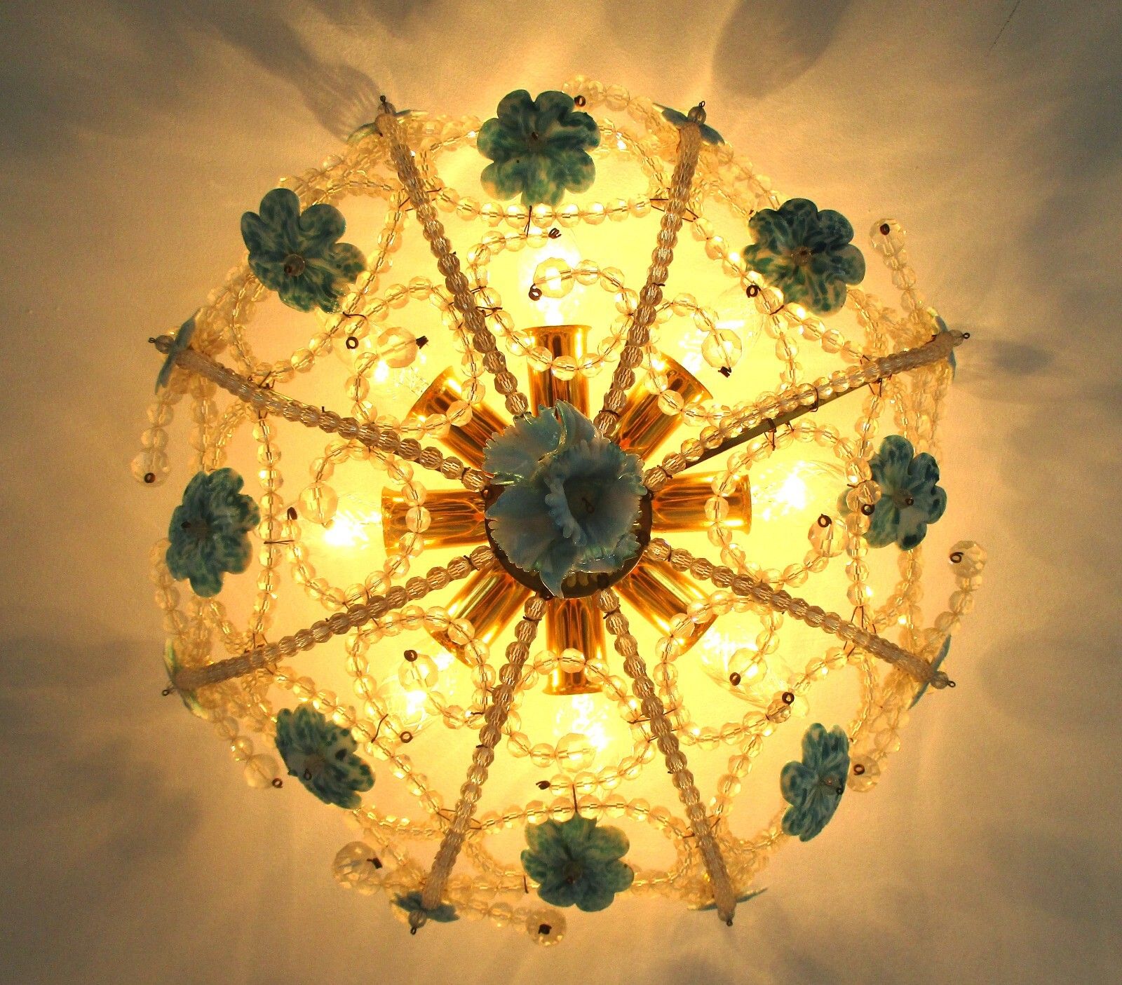 Italian Plafonière Fixture Lamp Crystal Prisms Murano Art Glass Flowers 8 Lights photo for sale