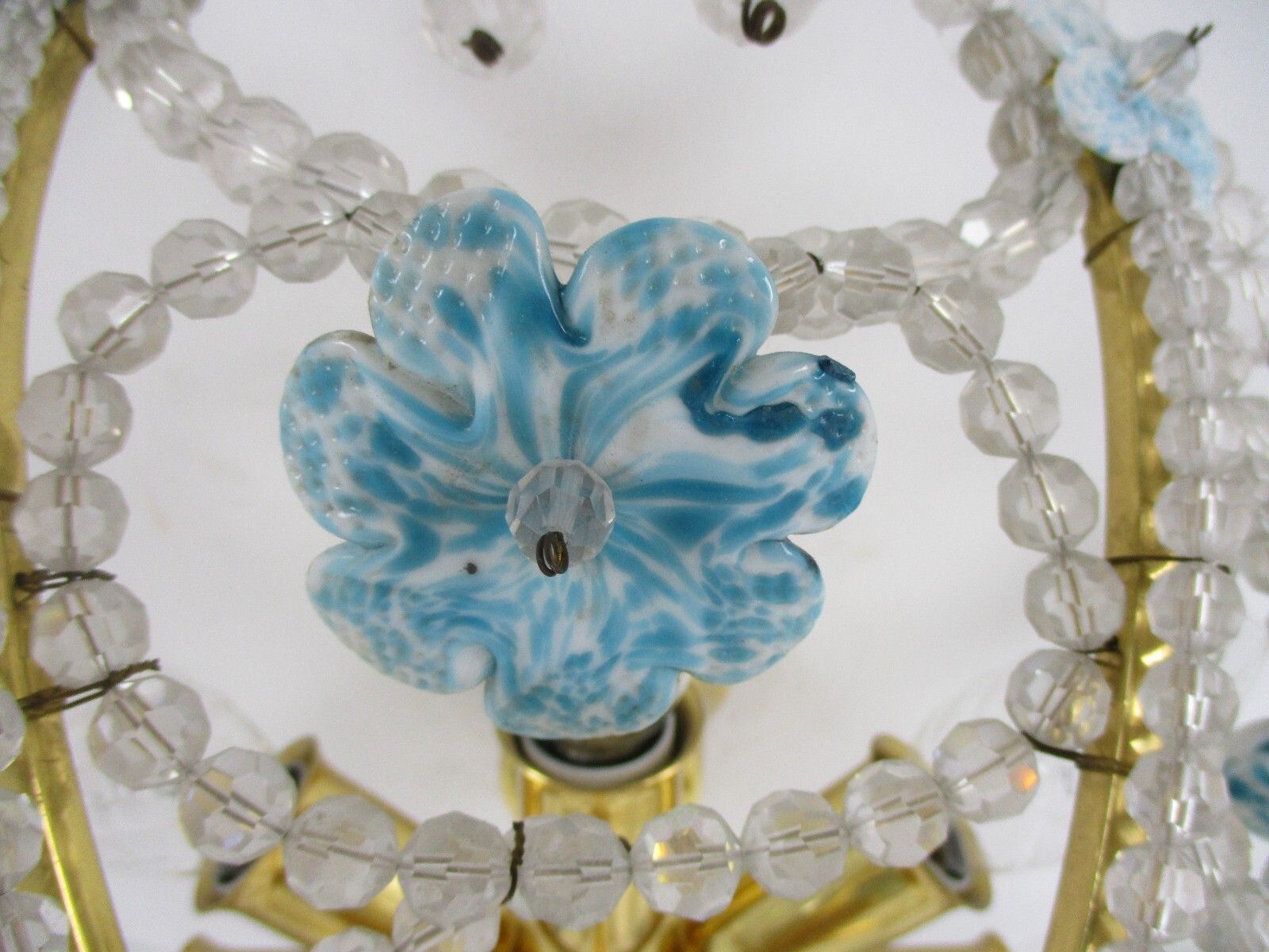 Italian Plafonière Fixture Lamp Crystal Prisms Murano Art Glass Flowers 8 Lights photo 743.0