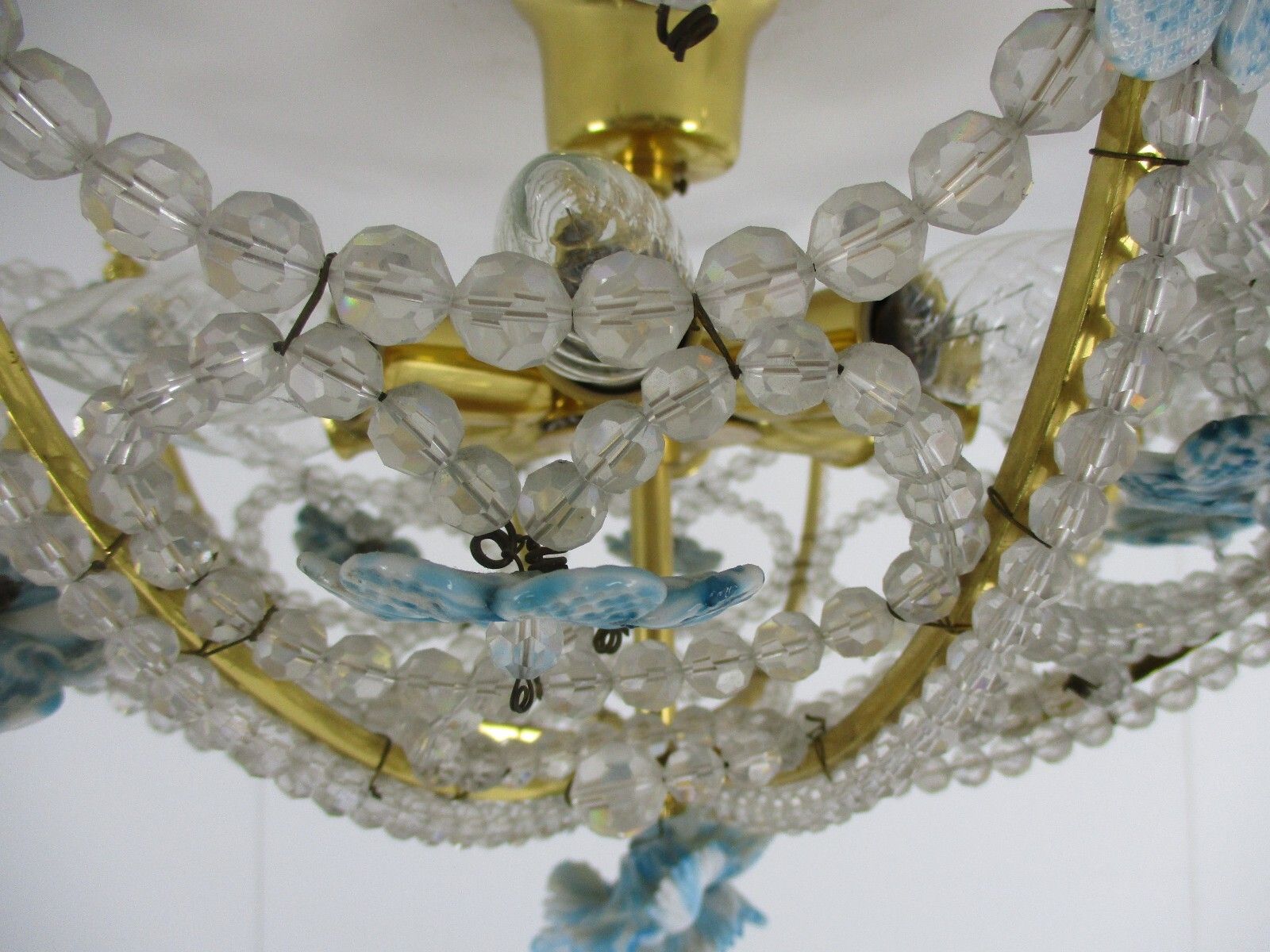 photo for sale Italian Plafonière Fixture Lamp Crystal Prisms Murano Art Glass Flowers 8 Lights
