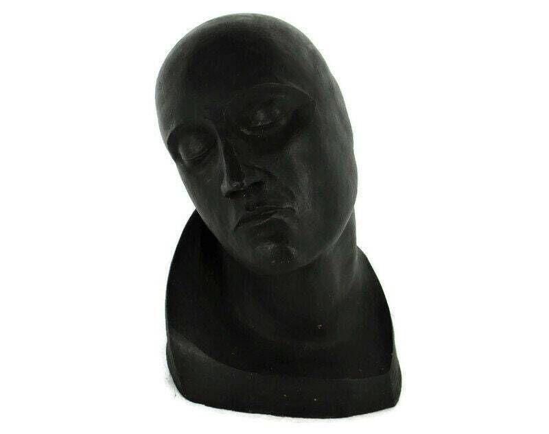 Bust  Death Mask Terra Cotta Black Signed Sculpture Dramatic Piece Of Art