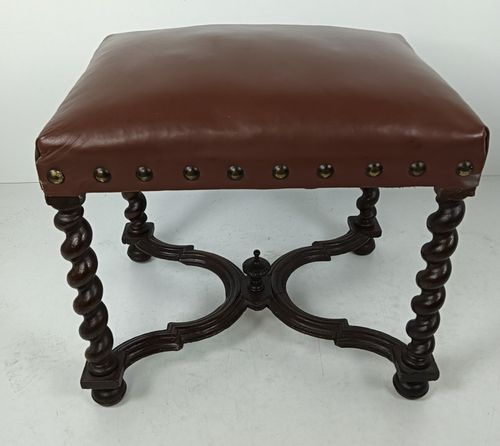 Furniture Antique Footstool Ottoman Barley Twist Wood Foot Rest 20th Century Hobnails Gorg photo