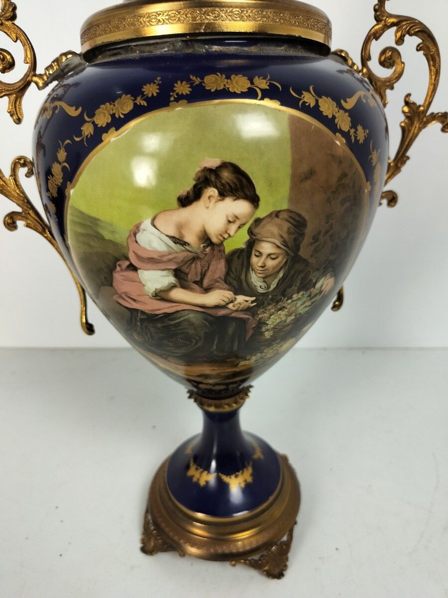 Home Decor Large  Vase Centerpiece Lidded Urn Cobalt Blue Porcelain Modernist Sèvres Style photo